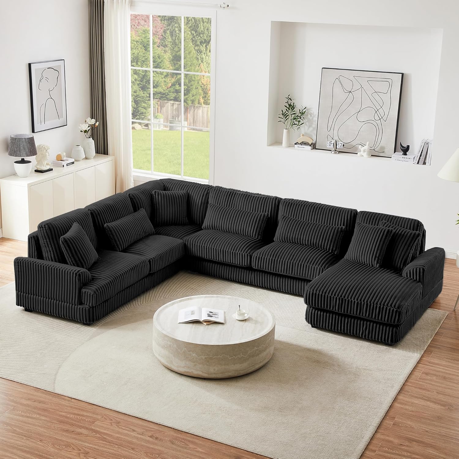 129" Sectional Sofa U Shaped Sofa Modern 5 Seat Couch Upholstered Couches with Chaise Lounge for Living Room, Black