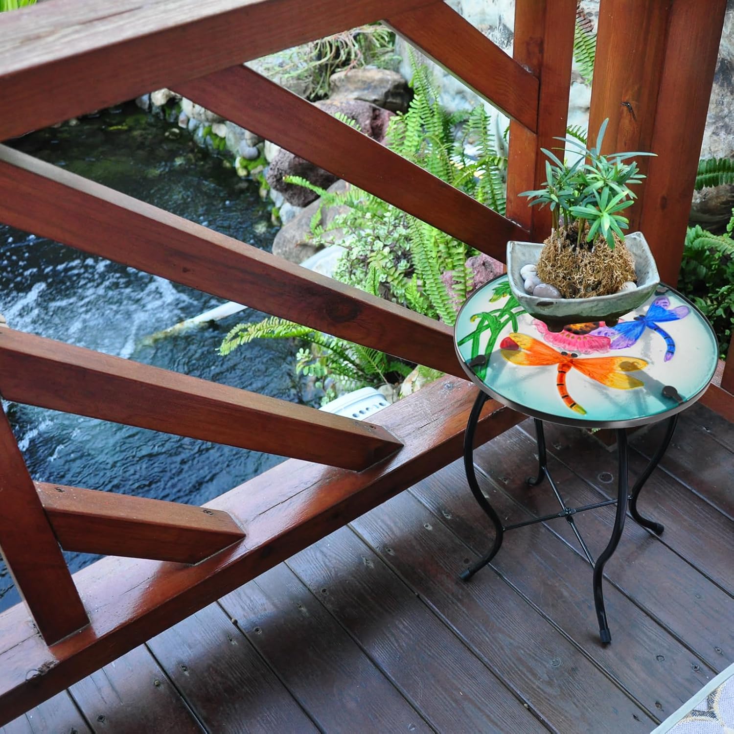 Outdoor Table Small Patio Side Table Metal Glass End Table Plant Table Decor Garden Balcony Indoor Accent Table
