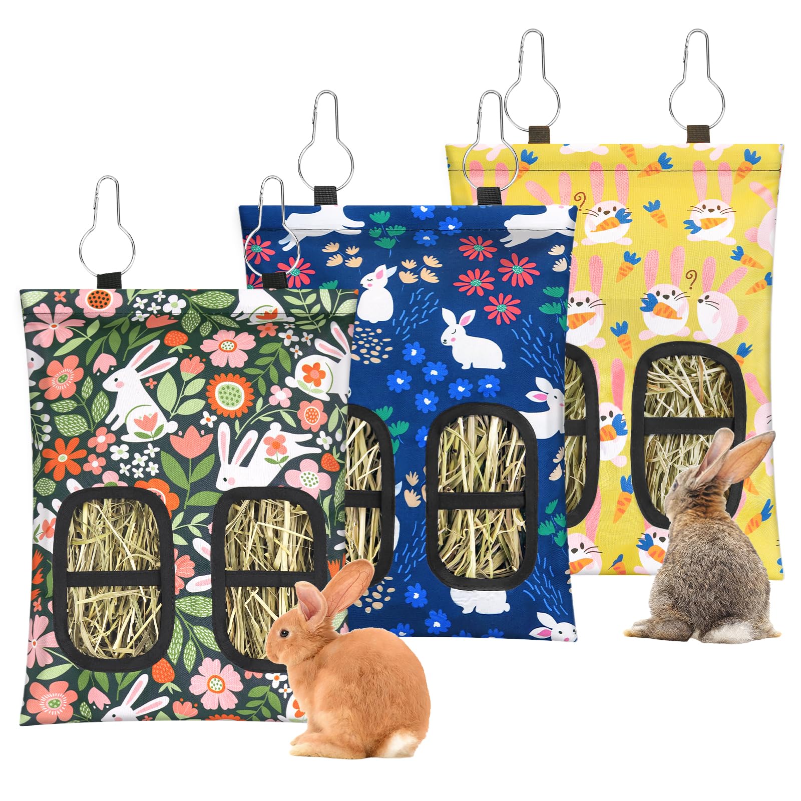 3 Pcs Rabbit Hay Feeder, 2-Hole Hanging Guinea Pig Hay Bags Washable Bunny Hay Bag for Rabbits, Chinchillas, Hamsters, Small Pets and Animals (11.8"×8.7")