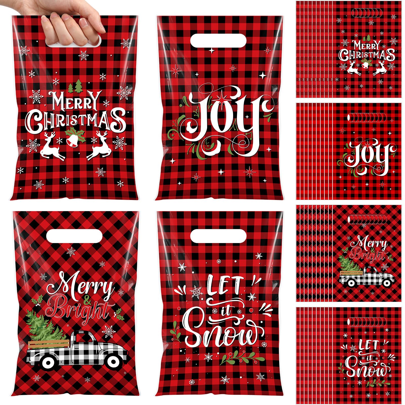 Thyle 48 Pcs Christmas Buffalo Plaid Bag Red Black Plaid Goodie Bag Xmas Treat Party Favor Candy Gift Plastic Handle Bags Bulk for Merry Christmas Party Favor Supplies