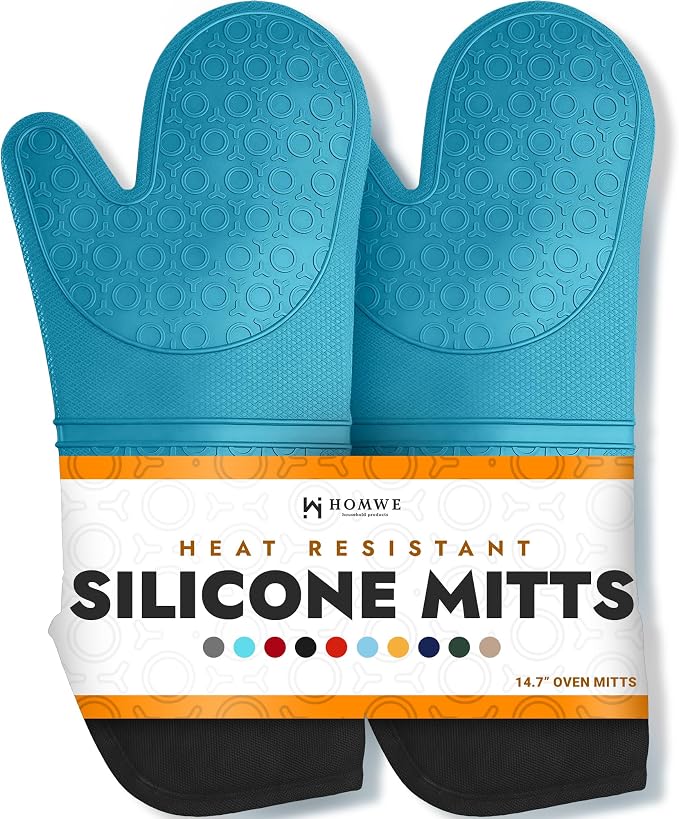 Silicone Oven Mitts, Aqua/Black 14.7"