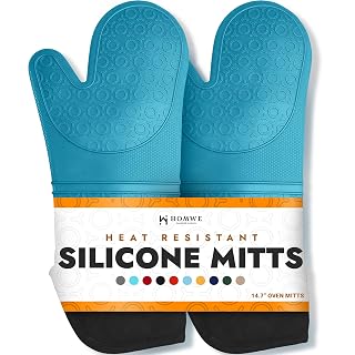 BPA-Free Soft Silicone Oven Mitts - Ultra Heat Resistant Oven Mitts with Thick Cotton Liner - Extra Long Slip Resistant Pot Holders, Flexible Oven Gloves - Aqua/Black 14.7" - Amazon product rated Grade A