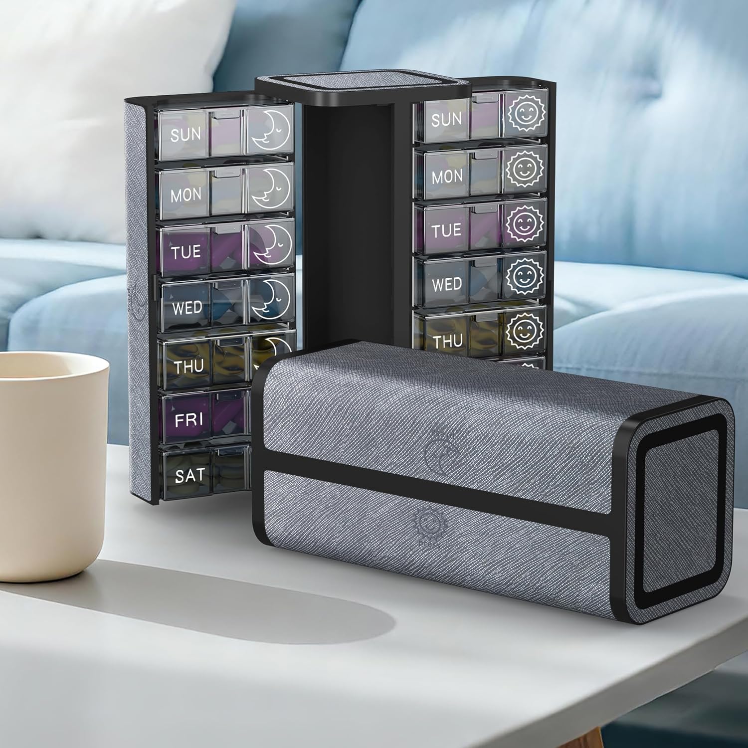 7-Day AM/PM Pill Organizer with Scratch-Resistant Leather Case - Portable Weekly Travel Medicine Box with Detachable Daily Pods & Privacy Design (Silver Black)