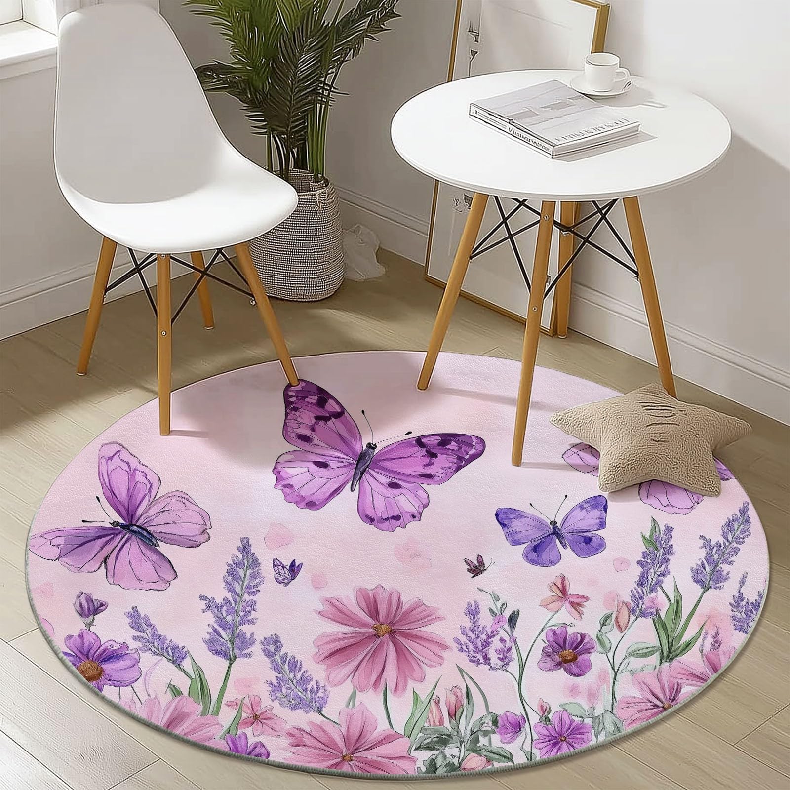 Tapis rond 120 cm lavable et antidérapant violet avec motifs imprimés fleurs et papillons