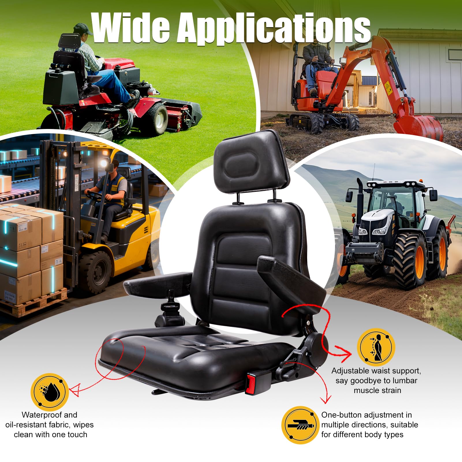 Siège universel pour chariot élévateur - Siège de tracteur avec bras et dossier réglable - Siège de tondeuse en polyuréthane étanche - Pour tracteur, pelleteuse, chariot élévateur, chargeuse