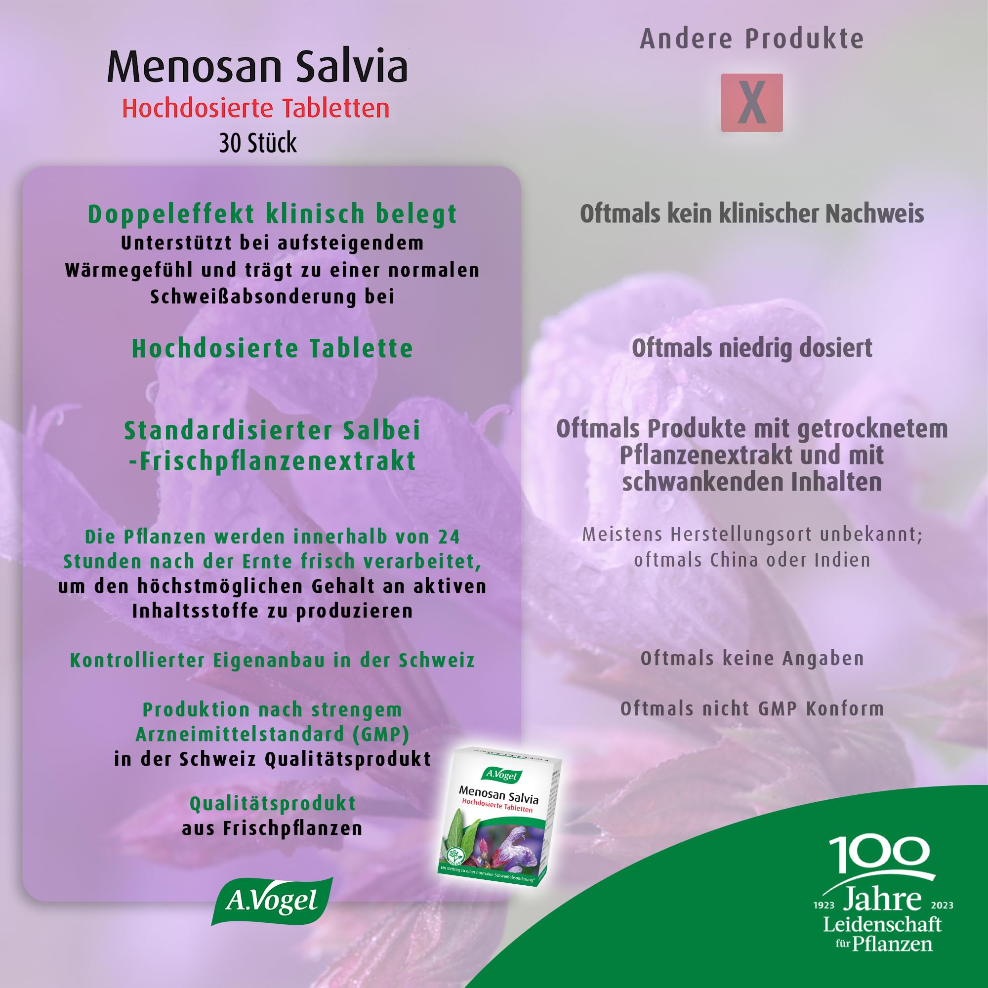 A.Vogel Menosan Salvia 30 Tabletten, pflanzliches Nahrungsergänzungsmittel, Salbei unterstützt in den Wechseljahren, Vegan, mit Spissumextrakt aus frischen Salbeiblättern