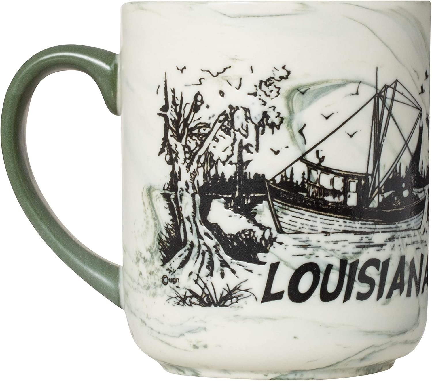 Artisan Owl Louisiana State Bayou Swamp Design Etched Green Swirl Souvenir Coffee Mug