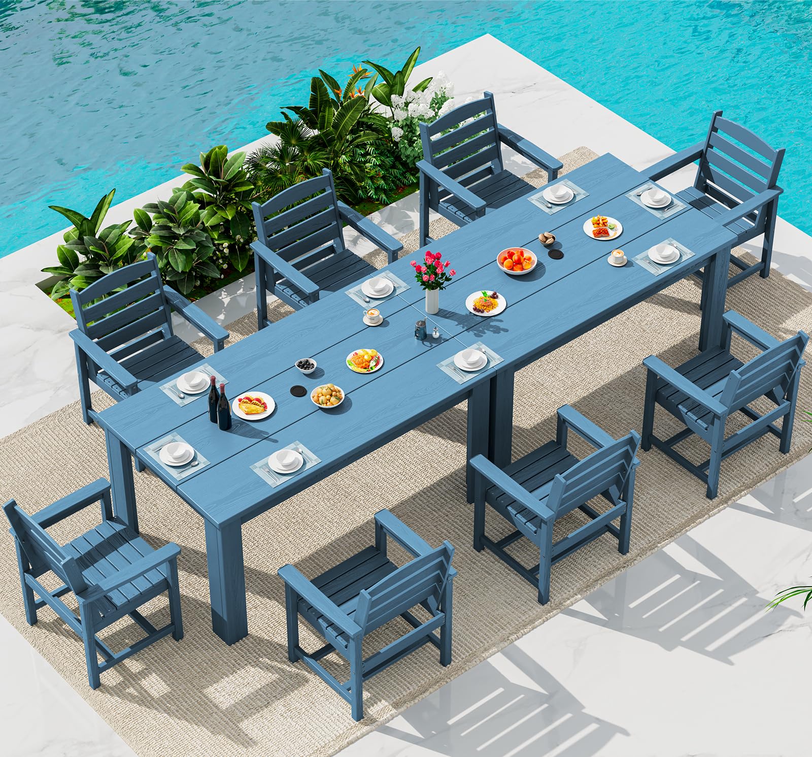 SERWALL Outdoor Dining Set for 8, w/ 2 Tables &amp; 8 Armchairs, Blue