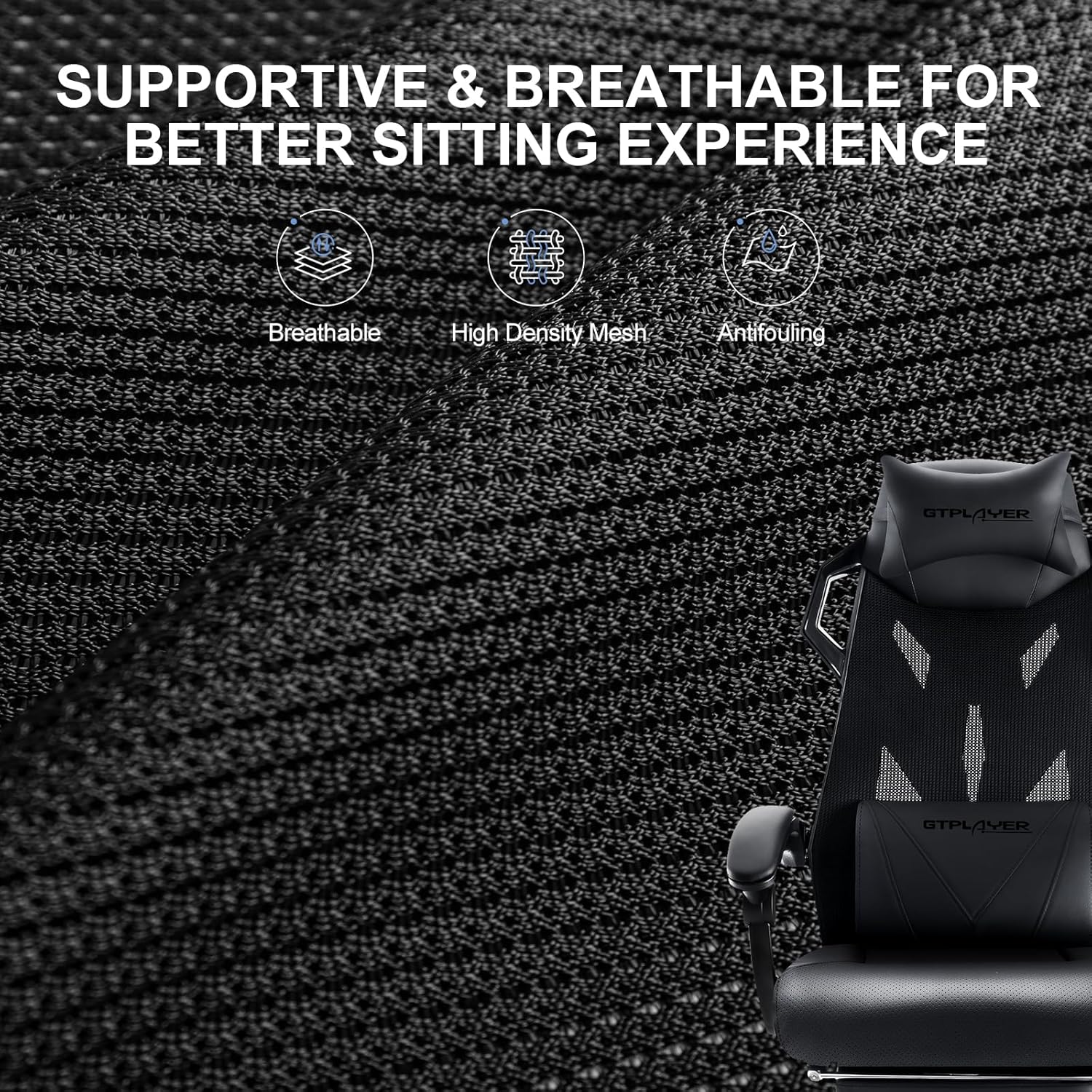 GTPLAYER Gaming Chair, Computer Chair with Mesh Back, Ergonomic Gaming Chair with Footrest, Reclining Gamer Chair with Adjustable Headrest and Lumbar Support for Gaming and Office (Black) - Image 6