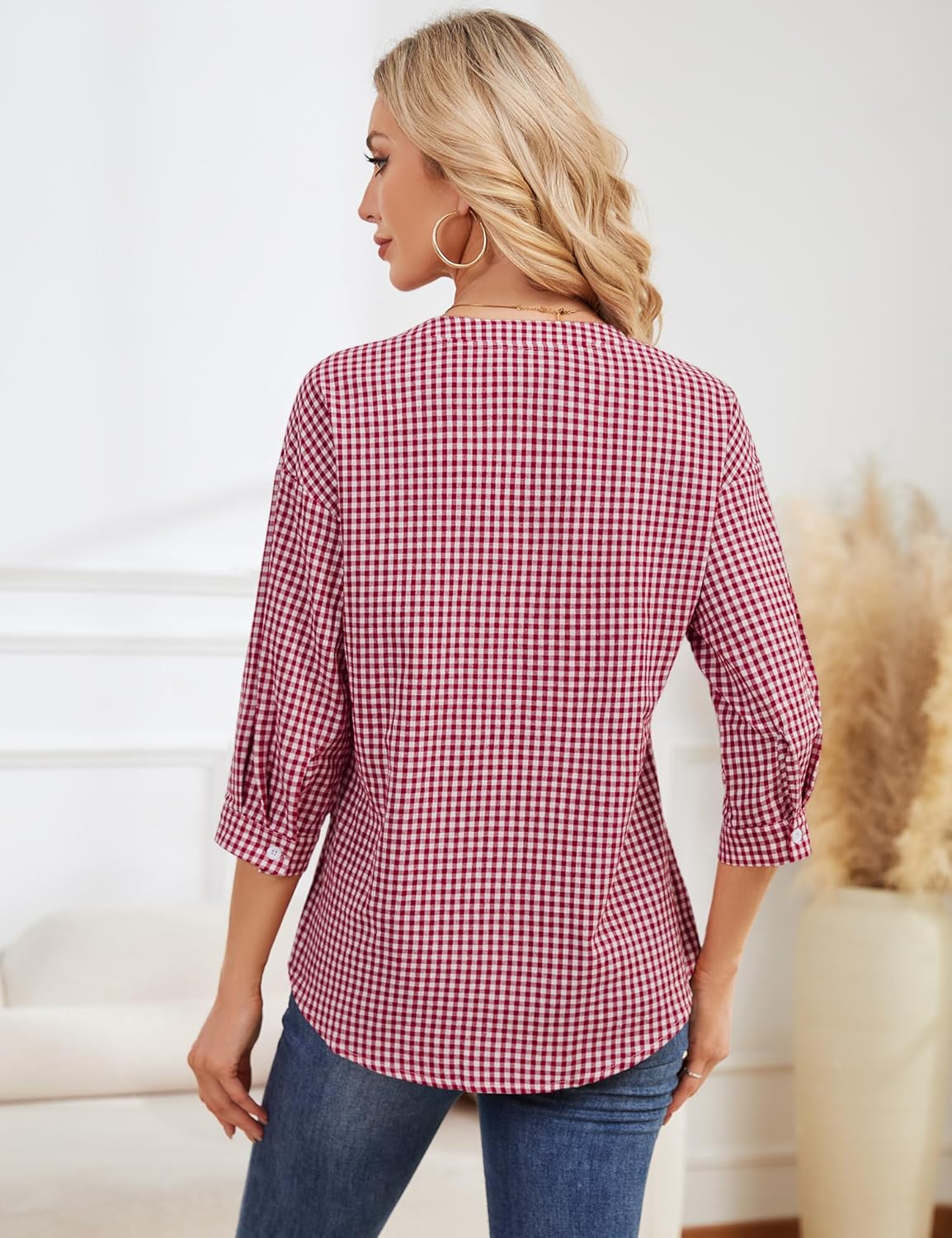 Micoson Womens 3/4 Sleeve Tops Cotton Linen Button Down Shirts V Neck Pleated Casual Loose Blouses Roll Up Sleeve Shirt - Image 3