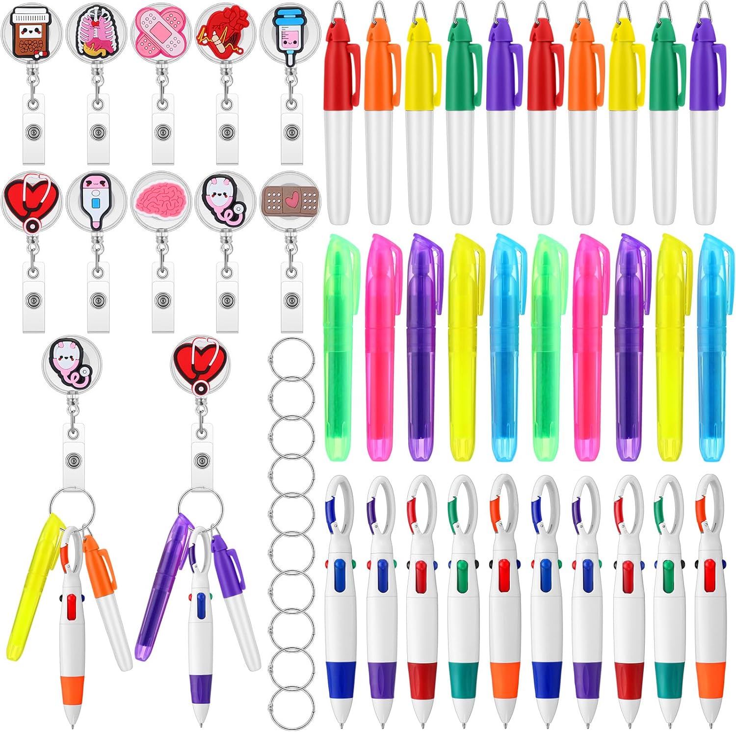 Harloon 50 Pcs Nurse Badge Reel Pen Set Nurse Week Appreciation Graduation Gift Mini Highlighter Pens Accessories Bulk Retractable Markers for Doctor Medical Hospital Office Coworkers(Cute)