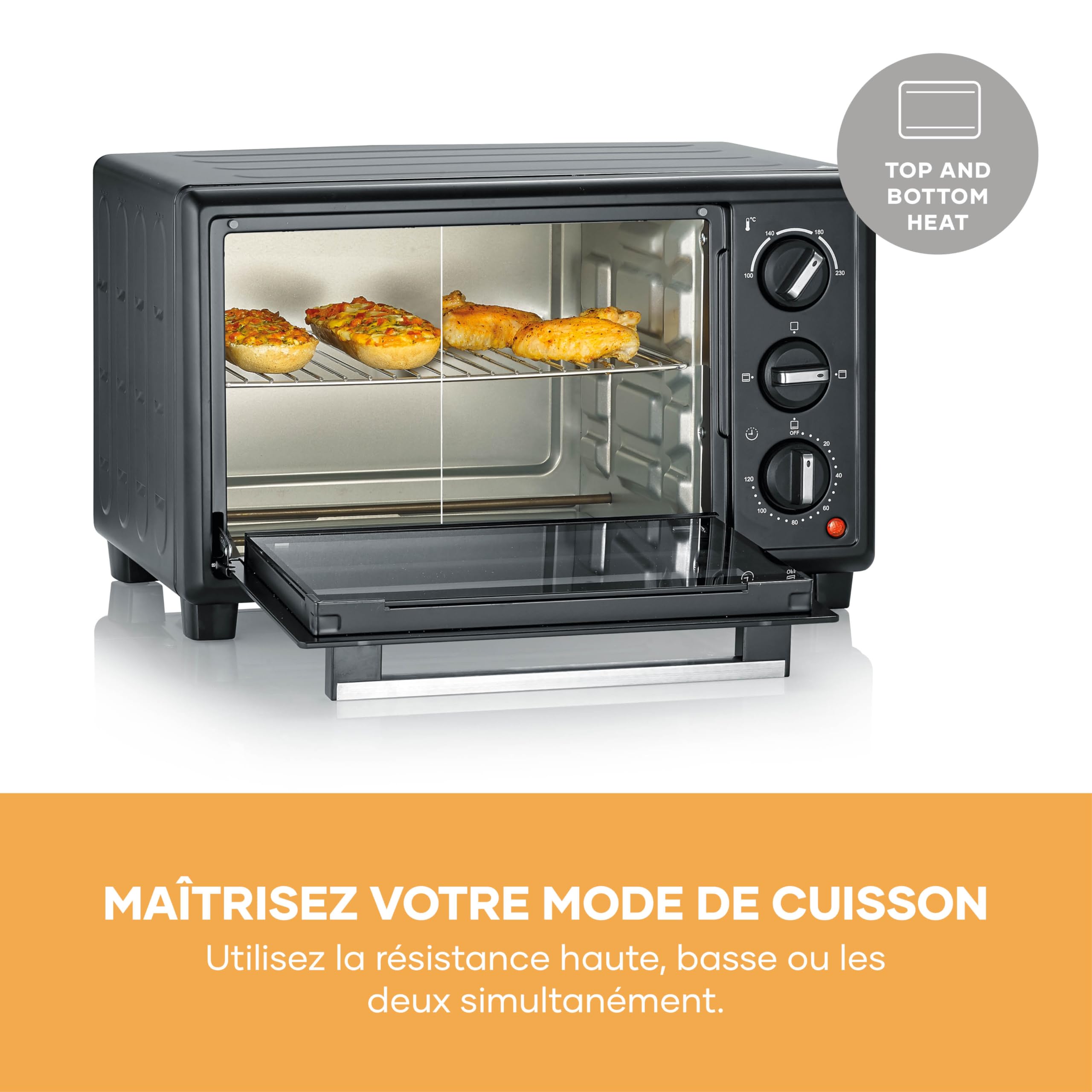SEVERIN Four posable 20 L, avec grille et plaque de cuisson incluses,1 600 W, thermostat jusqu'à 230 °C, design simple et élégant, Mini-four électrique avec minuteur 120 min, Noir, TO 2078