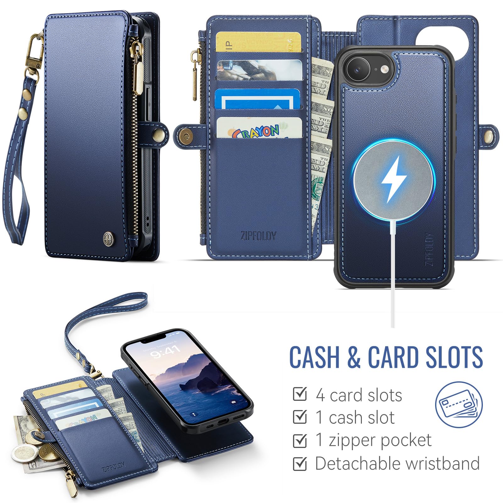 Per iPhone 16E - Custodia a portafoglio magnetica staccabile, blu | Compatibile con Magsafe, porta carte di credito con blocco RFID, tasca con cerniera, cinturino da polso