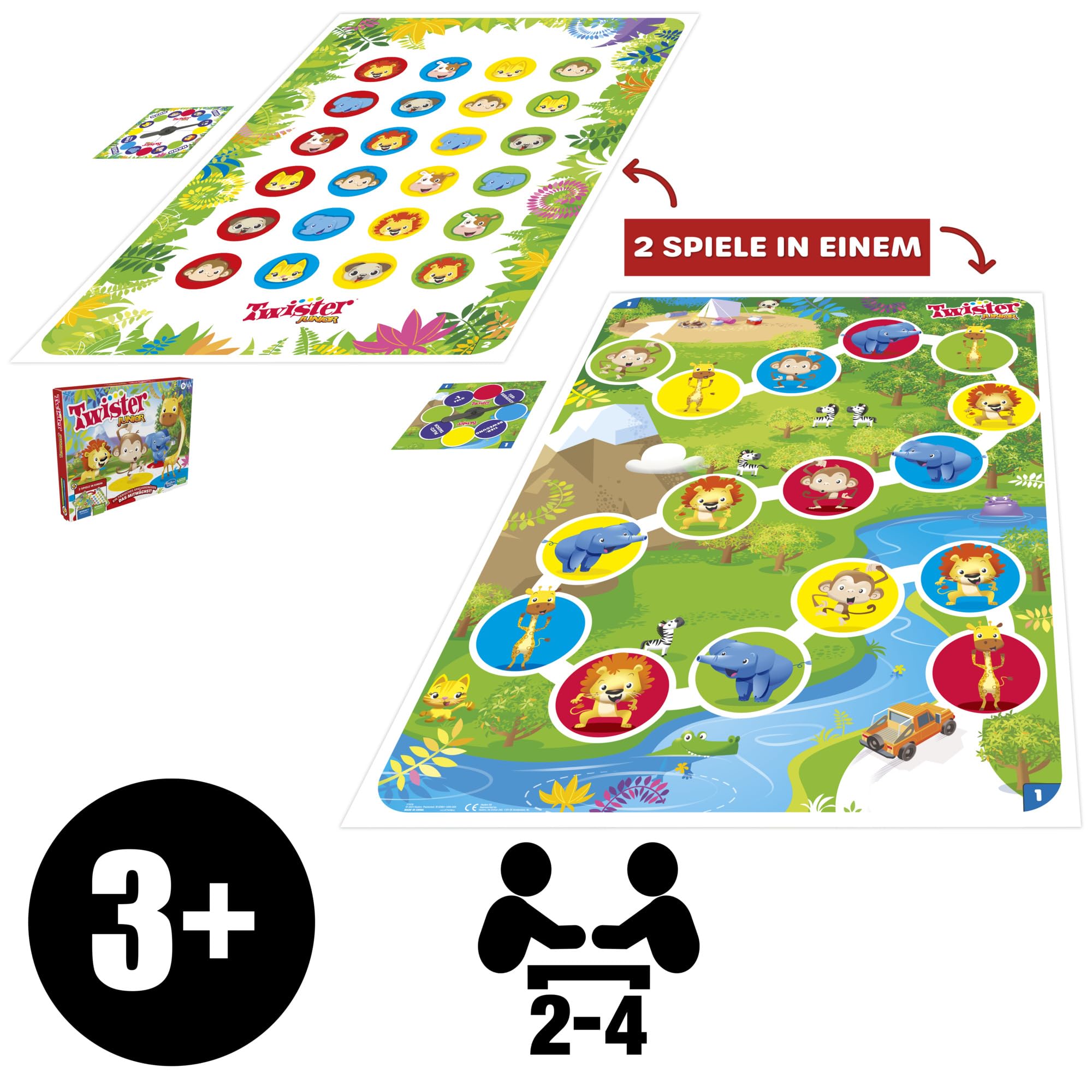 Hasbro Twister Junior Spiel, 2-in-1 Familienspiel mit doppelseitiger Spielmatte, fördert die Beweglichkeit und sorgt für Spaß, für Kinder ab 3 Jahren geeignet