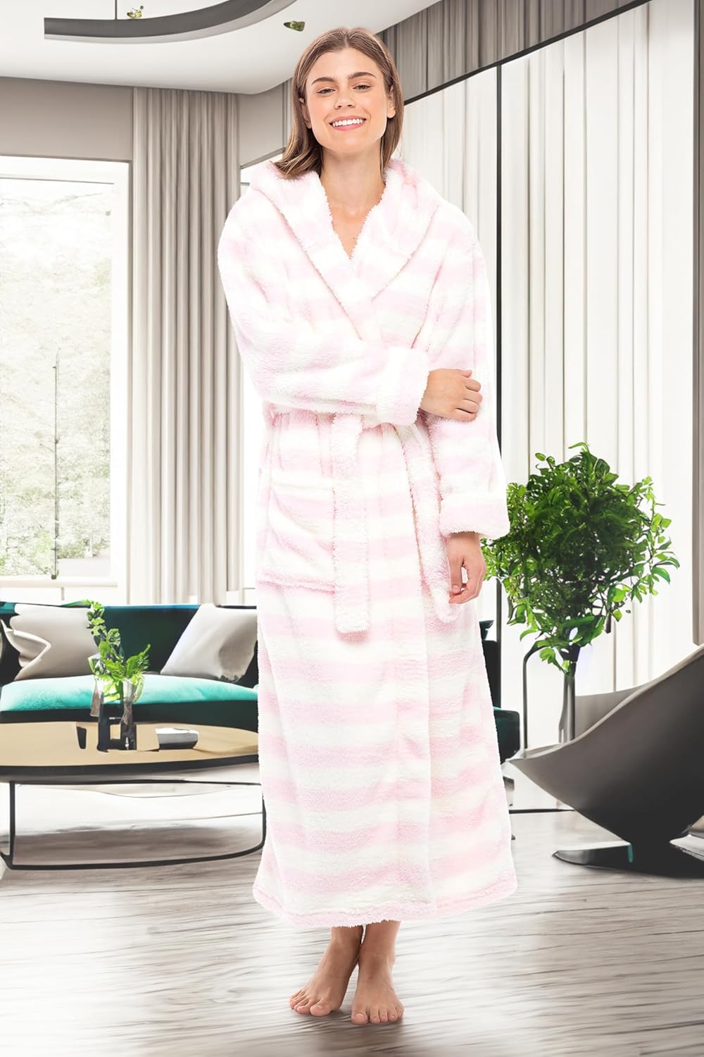 Alexander Del Rossa Womens Fluffy, Fuzzy Robe for Women,Women's Long Hooded Robes, Plus Size - Image 5