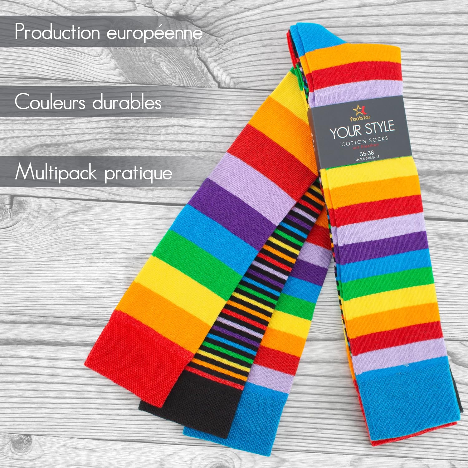 Footstar Lot de 6 paires de chaussettes hautes à rayures pour homme et femme