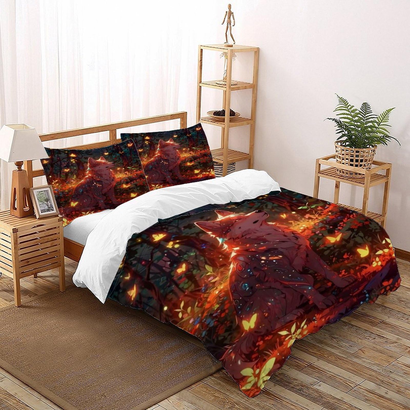 Housse de couette loup papillon 260x220 cm avec taies d'oreiller pour lit adulte