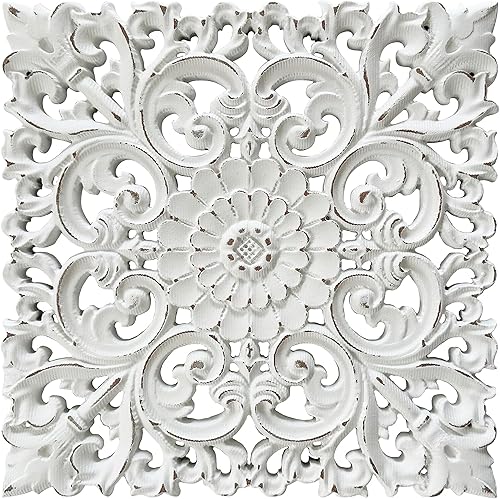 Musanpou Paneles de pared de madera tallados a mano únicos con decoraciones florales colgantes, decoración rústica de pared para sala de estar y