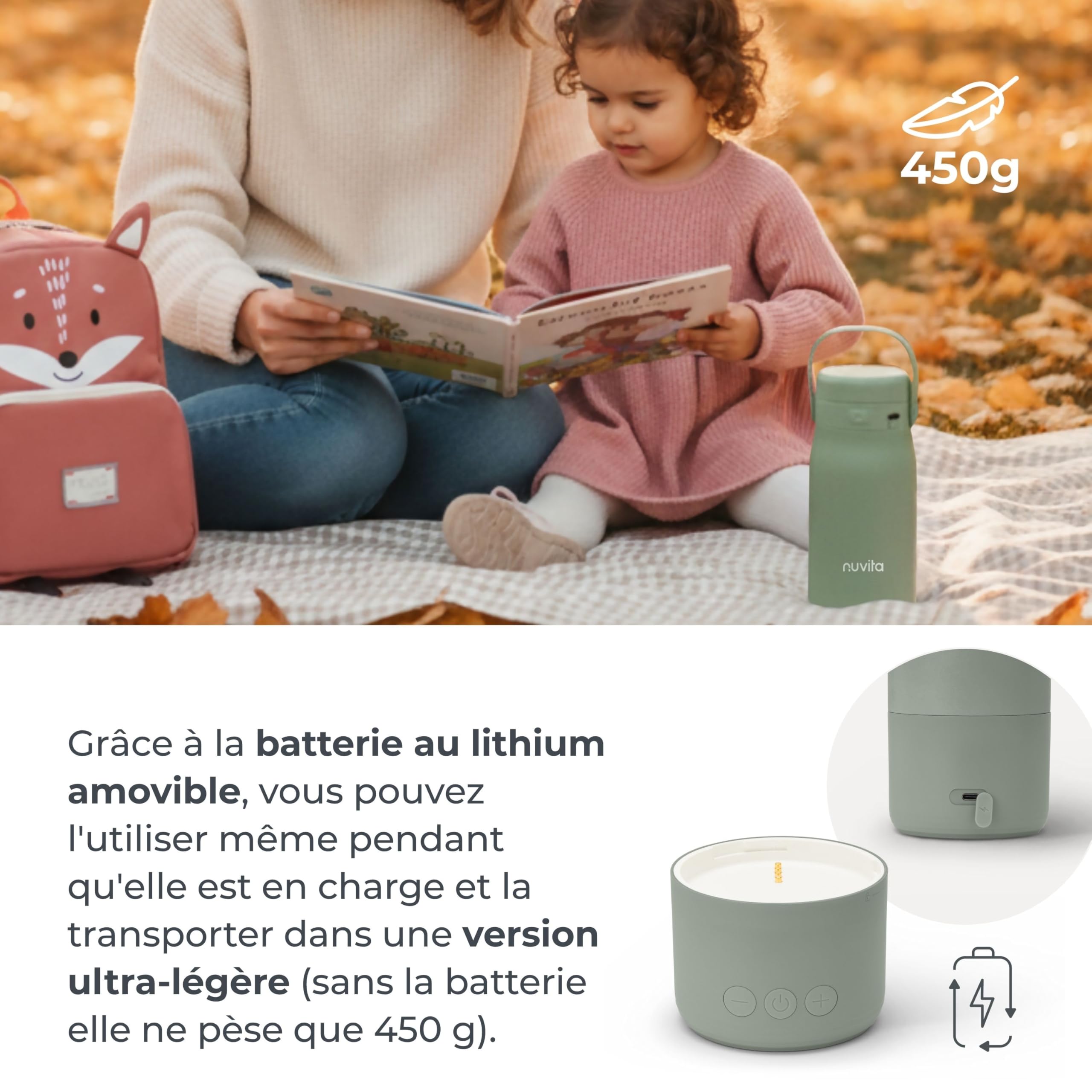 Nuvita 1190 Chauffe Biberon 500 ml – Chauffe-biberon sans fil avec batterie rechargeable, 3 températures sélectionnables 37 °C/55 °C/100 °C, maintient au chaud jusqu'à 12 heures