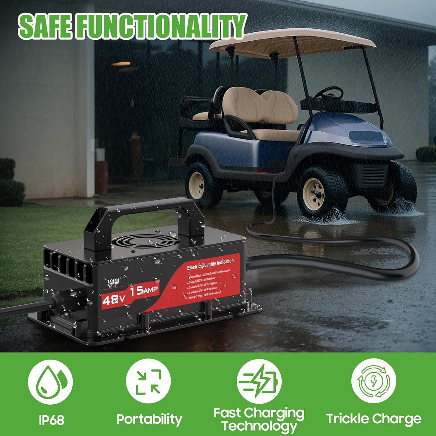 10L0L 48V 15A Golf Cart Rapid Charger for Club Car DS & Precedent, 3-Pin Plug with IP68 Waterproof, Auto Shut-Off, Smart Cooling, Aluminum Housing, Charging Indicator (Black)
