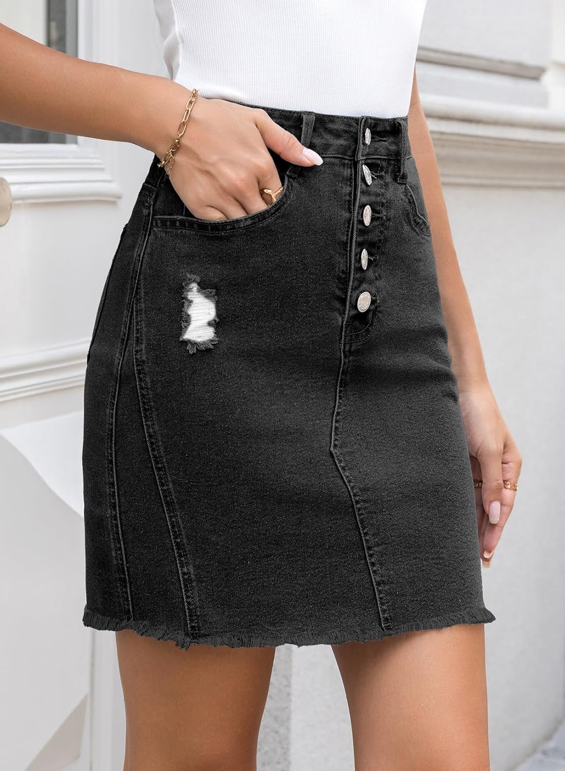 Sidefeel Women's Jean Skirt Stretchy Ripped Frayed Button Fly Summer Denim Skirt - Image 3