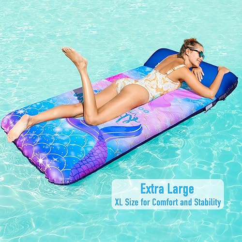 Miniatura 3 de Flotadores de piscina de gran tamaño para adultos, 72 x 38 pulgadas, flotador de piscina cubierto de tela extra grande con reposacabezas, flotadores