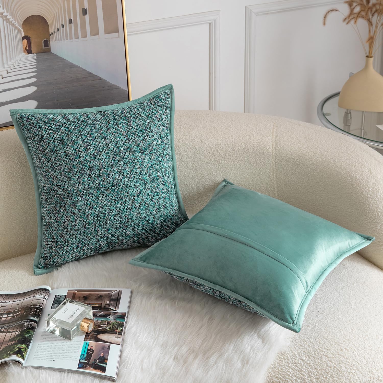 Yaertun Pack of 2 Tie-dye Chenille Textured Throw Pillow Covers Decorative Square Accent Cushion Cover Cozy Soft Velvet Pillow Case for Couch Sofa Bedroom Living Room 20x20 Inch Teal