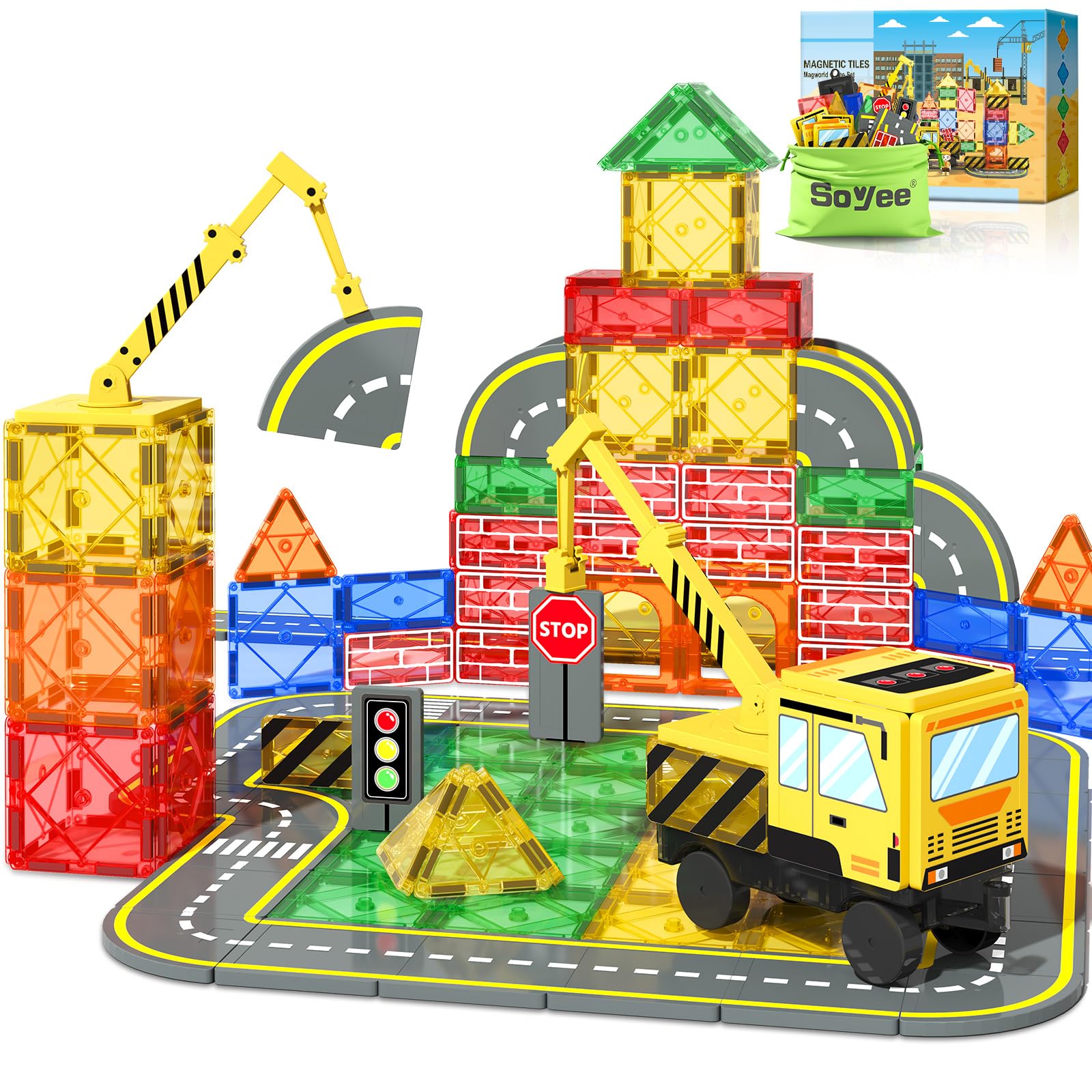 Magnetic Tiles Magnetic Building Blocks Crane Truck STEM Building Toys for Kids 3 4 5 6 7 8 Year Old Boys Girls Birthday Xmas Gifts