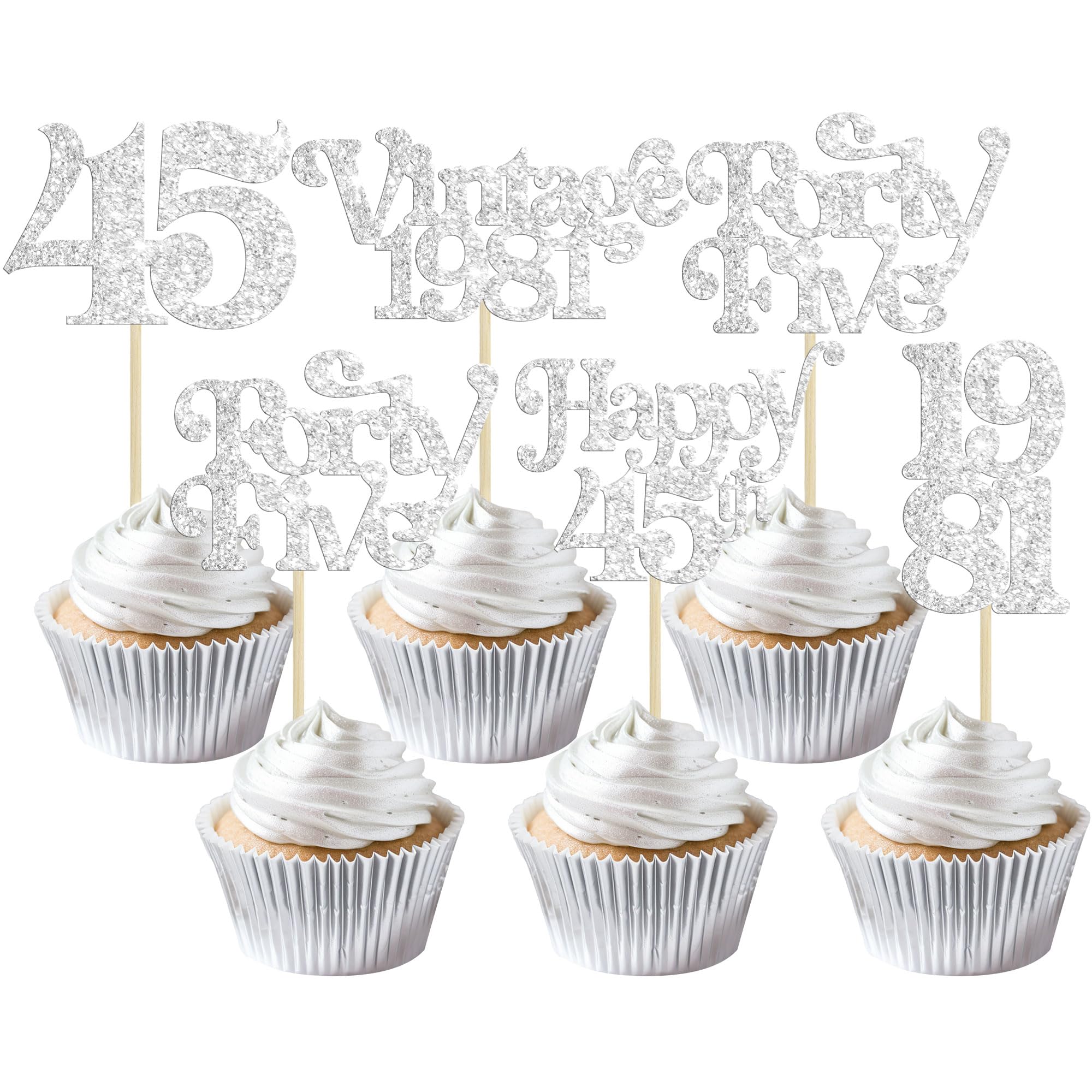 Gyufise 30Pcs Happy 45th Birthday Cupcake Toppers Glitter Vintage 1981 Cheers to 45 Fabulous Forty Five Cupcake Picks 45th Birthday Wedding Anniversary Party Decorations Supplies Silver