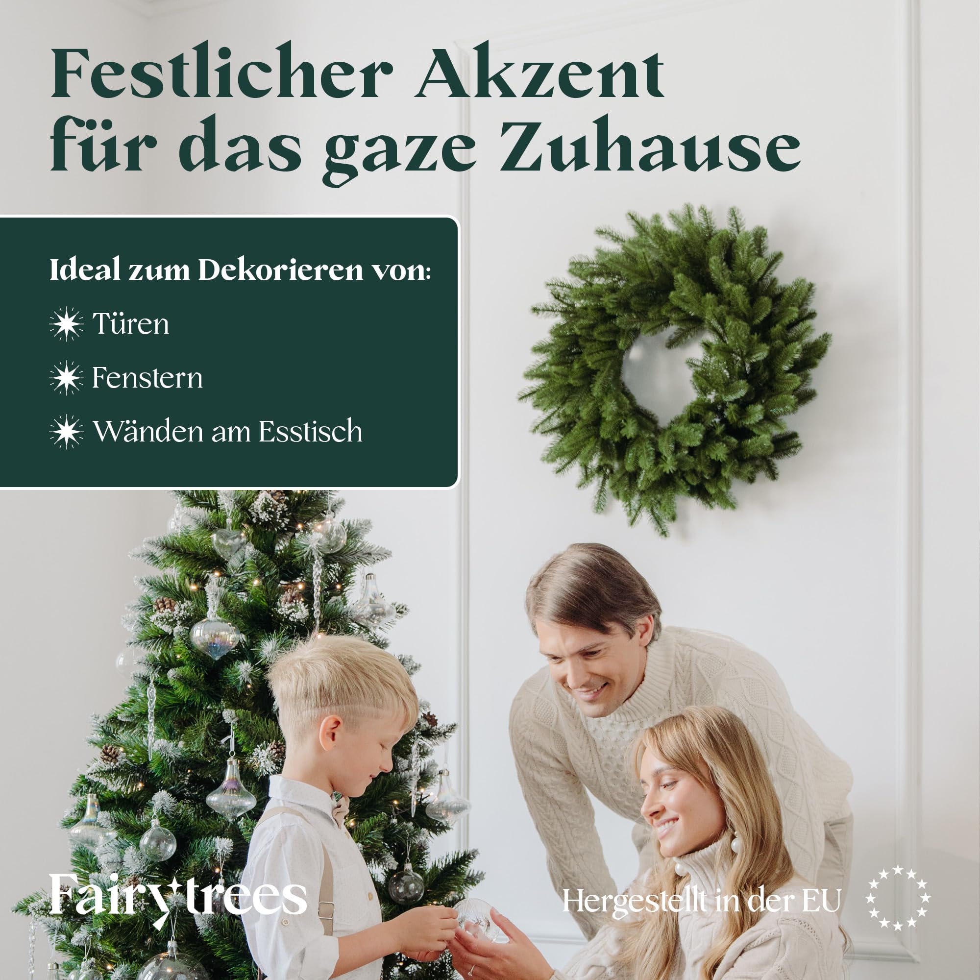 FairyTrees Weihnachtskranz grün 55 cm Premium aus 100% Spritzguss | Hängender Adventskranz für Haustür, Fenster, Wand | Weihnachtskranz zum Aufhängen, künstlicher Adventskranz, Türkranz Weihnachten
