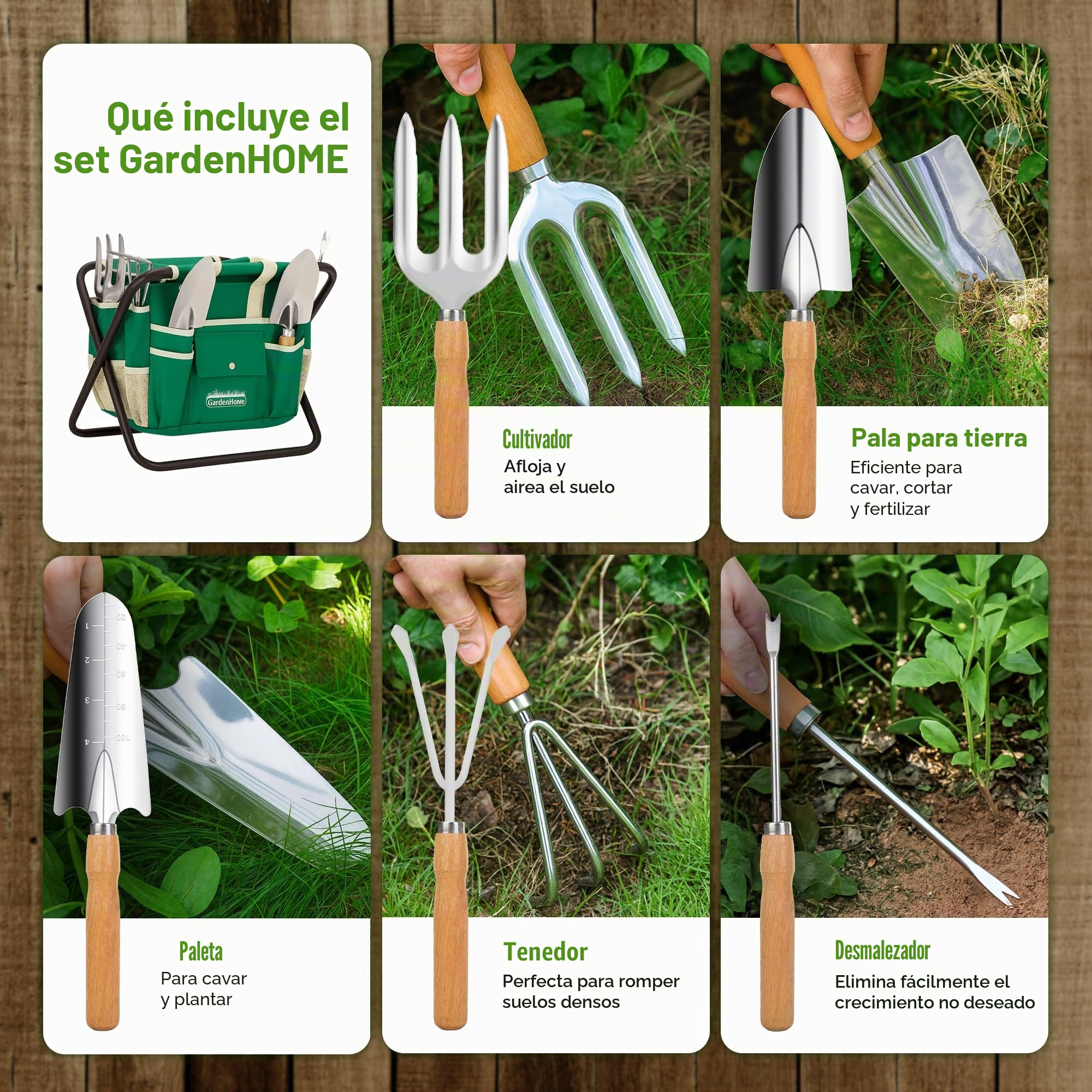 GardenHome Taburete Plegable para Jardinería 7 en 1 - Incluye Juego de Herramientas de Jardín de Acero Inoxidable de 5 Piezas y Estuche de Transporte Gratuito