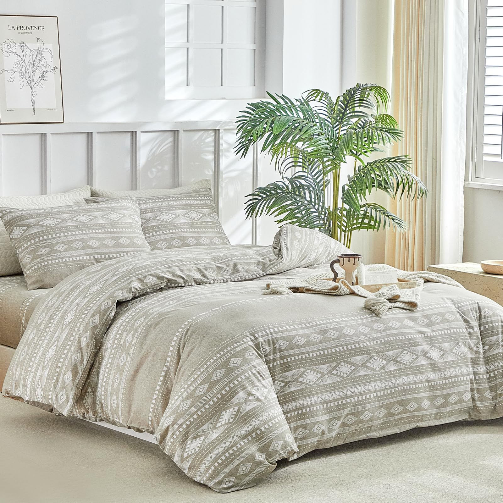 Lekesky Double Duvet Cover Set 4 Piece - Soft Microfibre Bohemian Stripe Print Khaki Double Bedding Set with 1x Duvet Cover 200x200 cm, 2x Envelope Pillowcases, 1x extra 40cm Deep Fitted Bed Sheet โ image 1