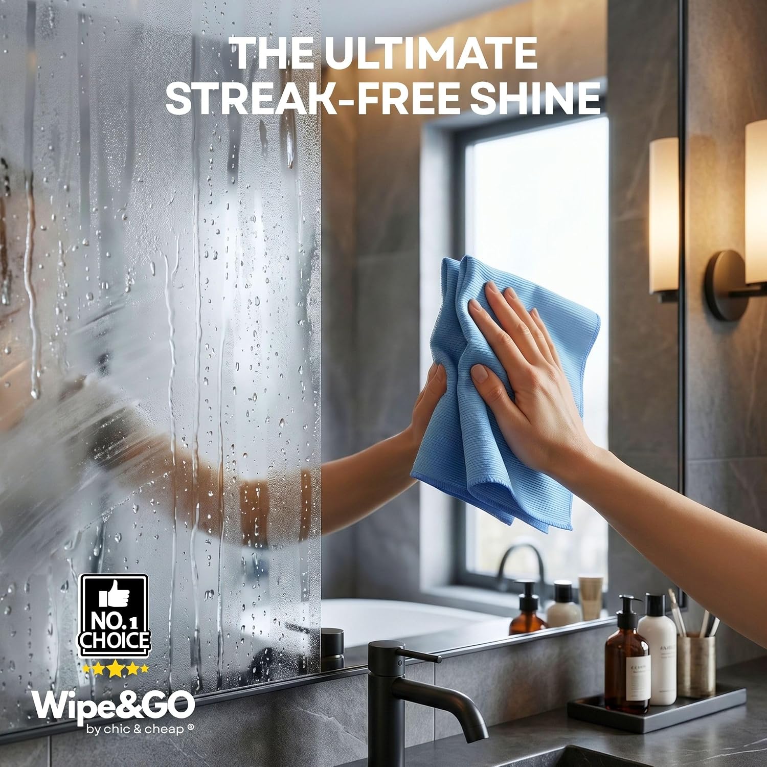 Wipe&GO Glass Cleaning Cloths – 6 Premium Diamond Weave Microfiber Towels (12x16") for Windows, Mirrors & Screens – Water Only Streak-Free Cleaning Cloths for Home & Car + Bonus Mini Silicone Squeegee