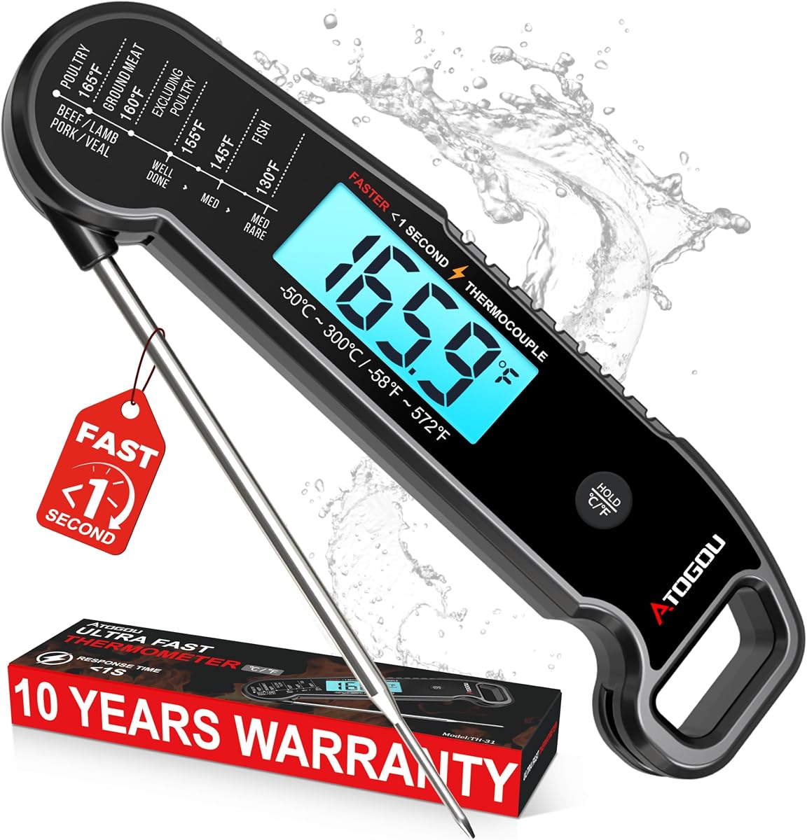 Professional Meat Thermometer Digital, <1 Sec Instant Read, Black | ±0.5℉Accuracy, IP67 Waterproof, Thermocouple Sensor Probe, with Hold, Magnetic Back, for Kithchen, BBQ, Grill for Men Him Dad