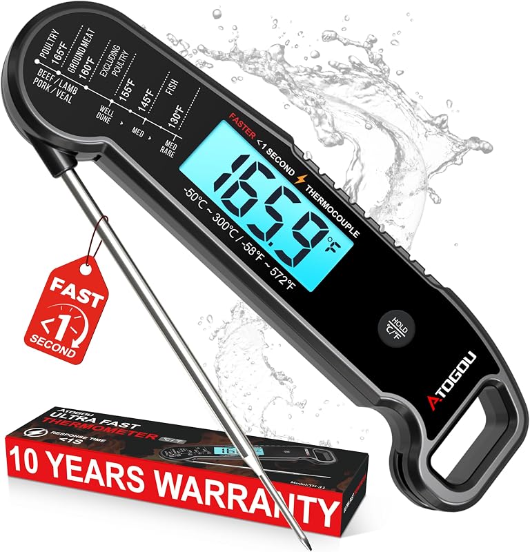 Professional Meat Thermometer Digital, <1 Sec Instant Read, Black | ±0.5℉Accuracy, IP67 Waterproof, Thermocouple Sensor Probe, with Hold, Magnetic Back, for Kithchen, BBQ, Grill for Men Him Dad