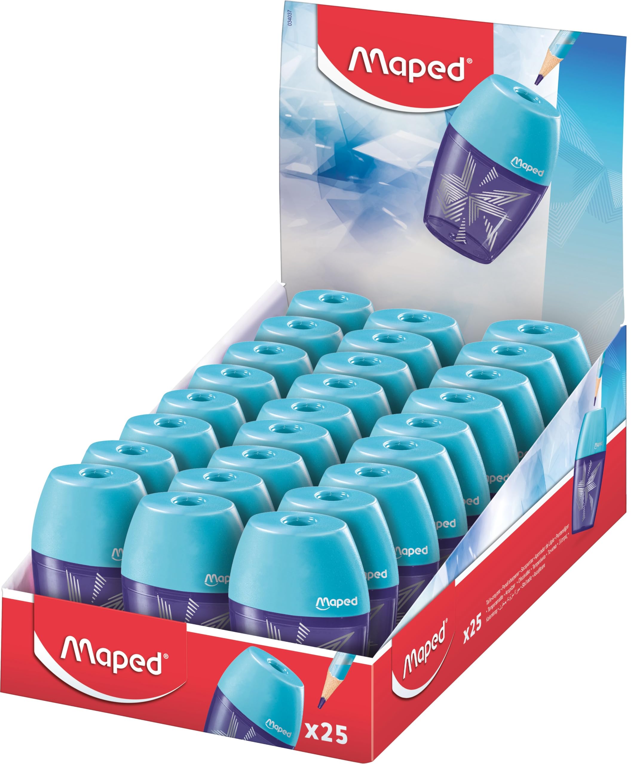 Maped Display Zähler 25 Anspitzer Shaker Arctic – 1 Loch – mit Tank – ergonomischer Anspitzer – Präsentationsständer sofort einsatzbereit