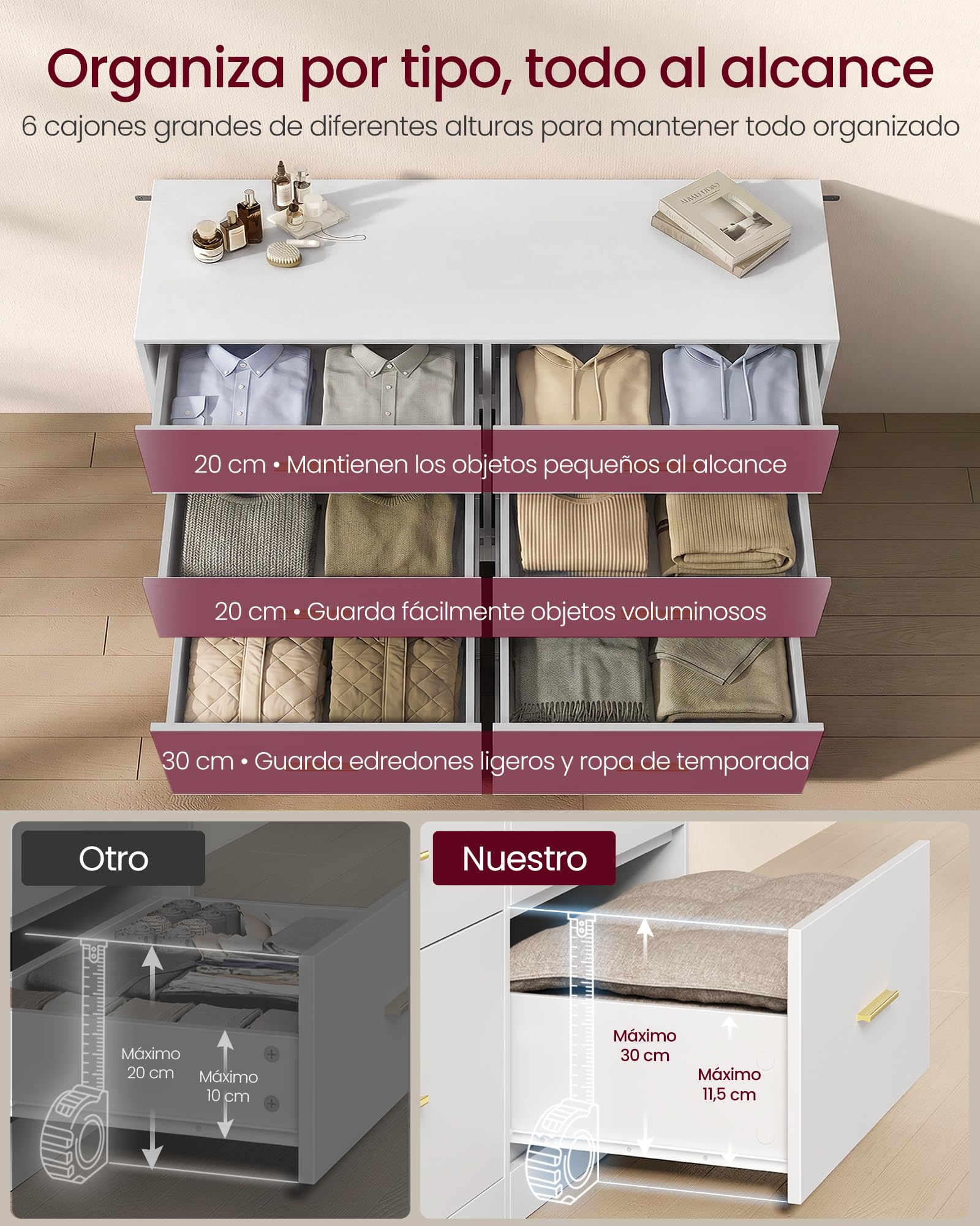 VASAGLE Custos Colección - Cómoda para Dormitorio, Mueble Almacenaje con Cajones, Soporte Moderno para TV de Salón, 6 Cajones, 40 x 119 x 78 cm, Blanco Nube LTS416WB01