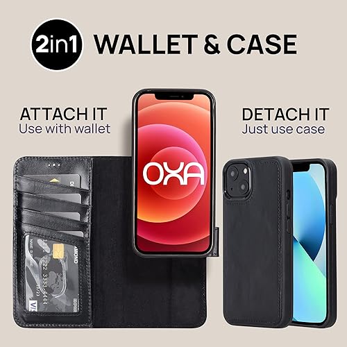 Miniatura 4 de OXA Funda de piel tipo cartera 2 en 1 compatible con iPhone 13, magnética desmontable, a prueba de golpes, bloqueo RFID, funda con función atril,