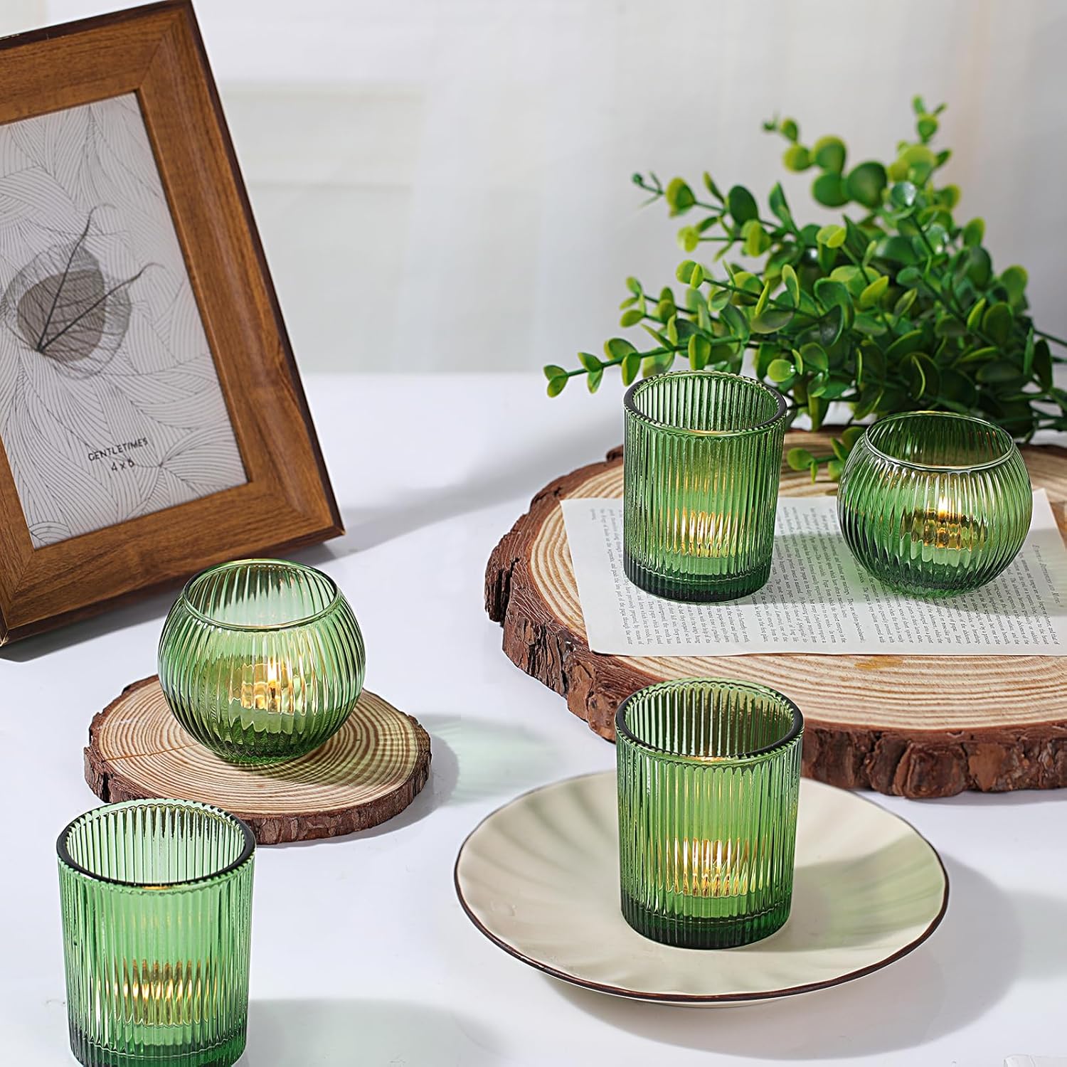 30 Pcs Assorted Ribbed Green Votive Candle Holders, Tea Light Candle Holders Glass for Table Centerpiece, Green Candle Holders for Wedding, Bridal Shower and Tea Party Decorations