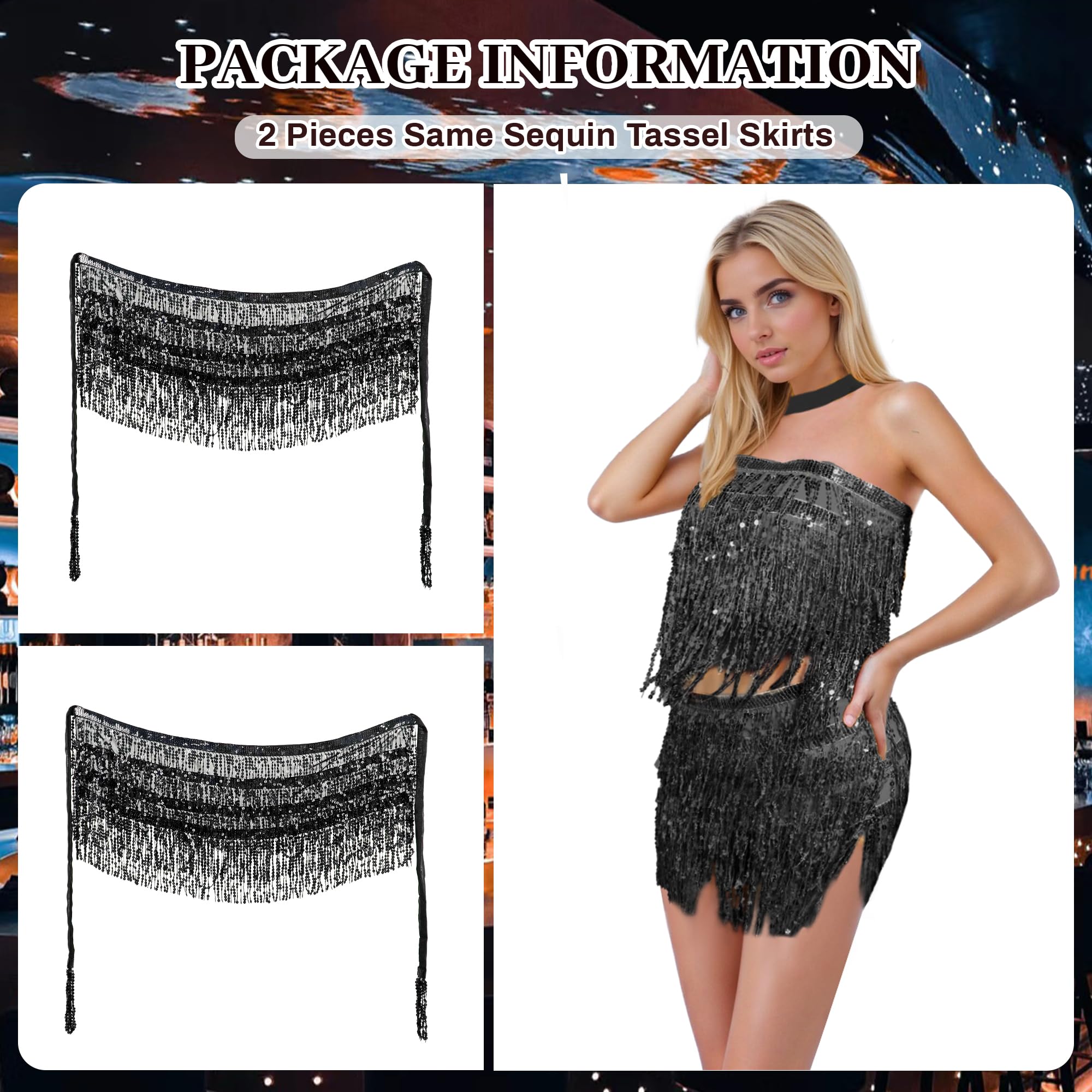 Baisdan 2 Pack Sequin Tassel Skirt for Women Girls, Sparkly Sequin Skirts Festival Outfit - Image 4