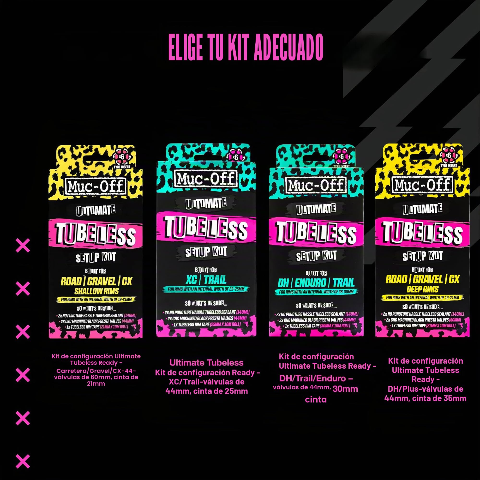 Muc-Off Ultimate Tubeless Setup Kit - Kit Sellador de Neumáticos para Reparación de Rueda de Bicicleta Tubeless, Road/Gravel/CX 44 mm - Con Fondo de Llanta, Parches, Válvulas y Sellador de Ruedas