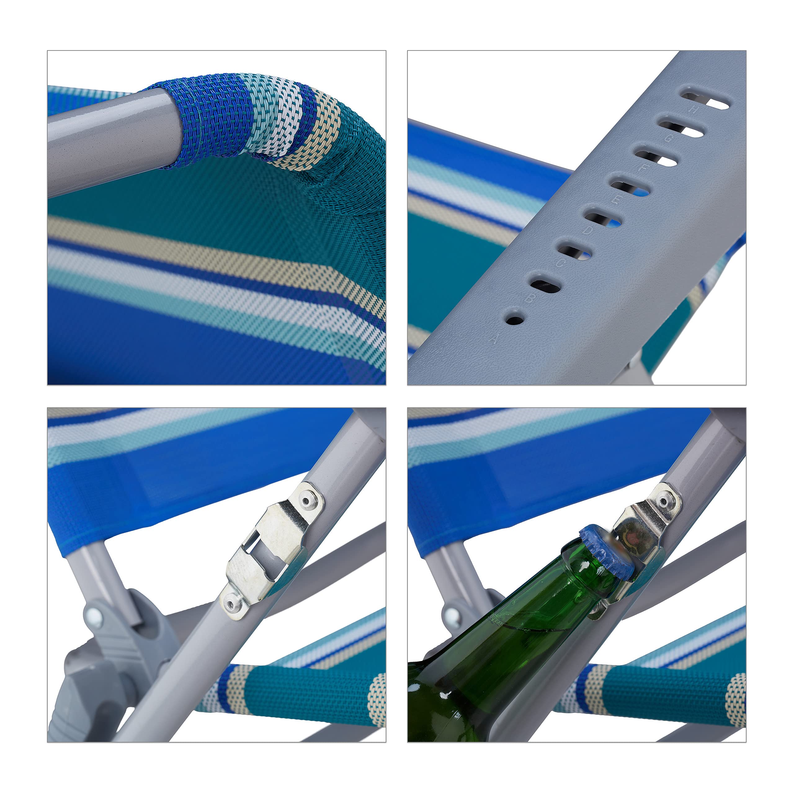 Relaxdays Liegestuhl klappbar, verstellbar, Strandstuhl mit Nackenkissen, Armlehnen & Flaschenöffner, blau/grün/weiß, 1 Stück, 10035903