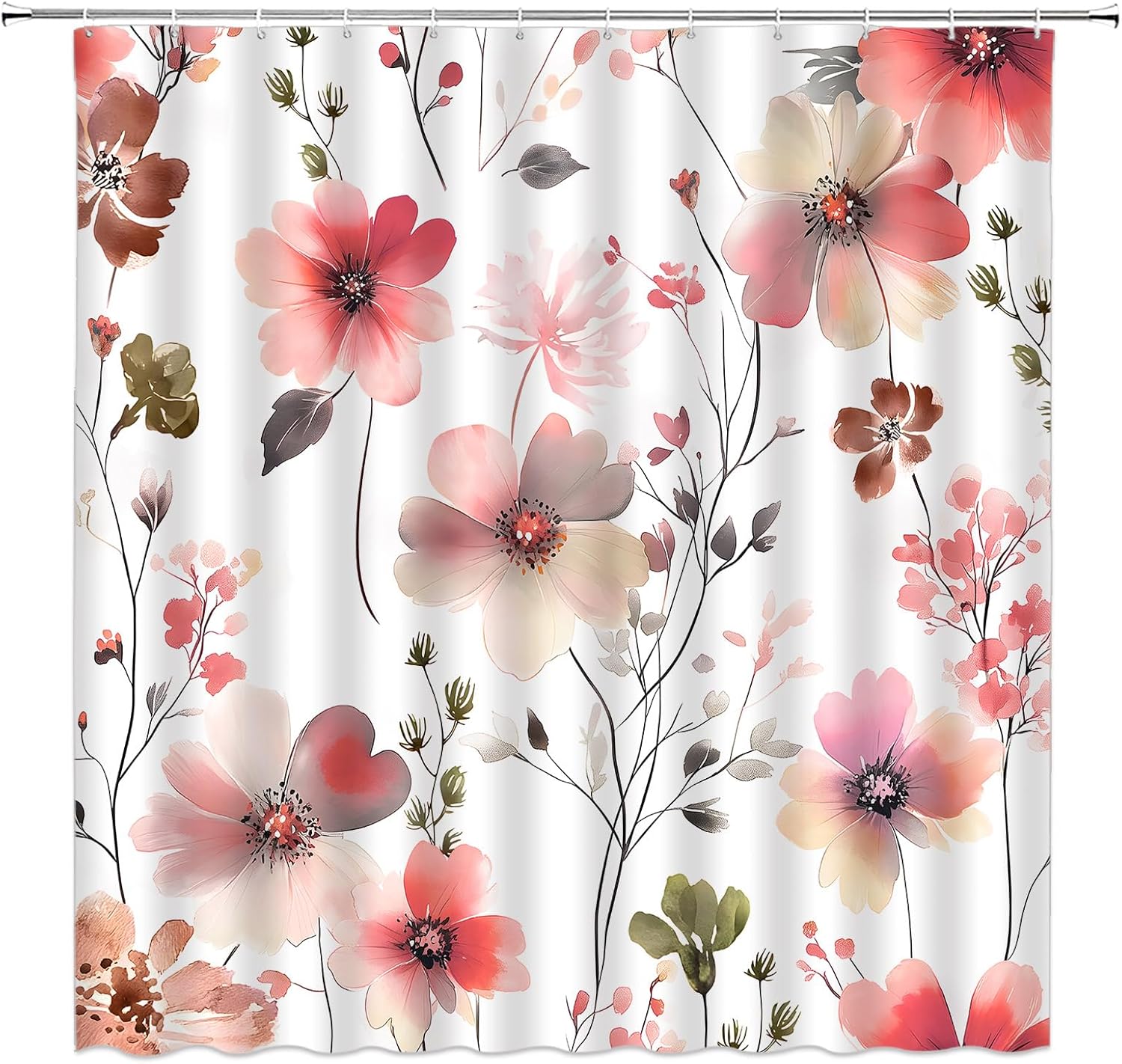 Pink Grey Floral Shower Curtain Watercolor Flowers Blossom Farmhouse Modern Abstract Minimalist Botanical 70" Wx78 H Fabric Bathroom Decor Curtain with Hooks