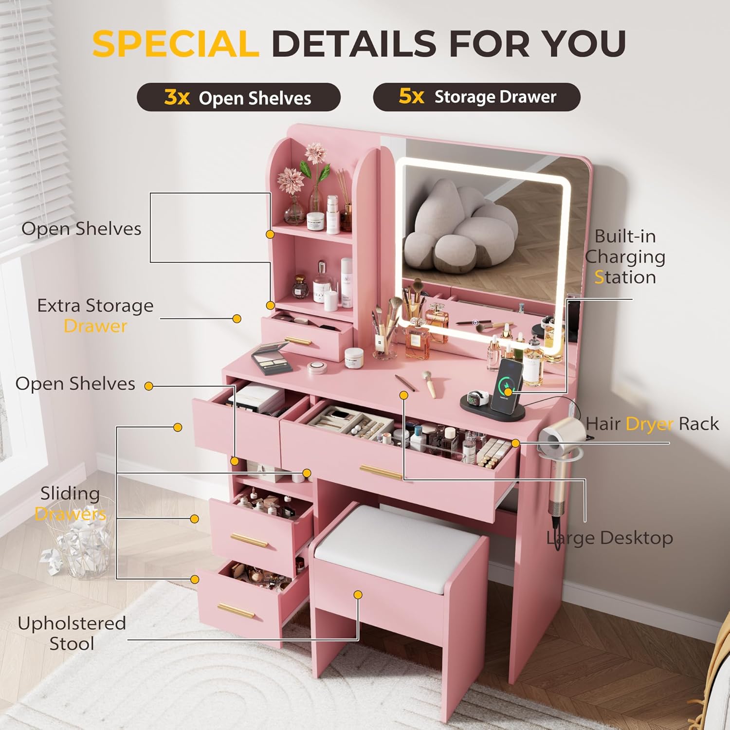 Detailed view of the vanity desk highlighting features like open shelves, storage drawers, built-in charging station, hair dryer rack, and upholstered stool.