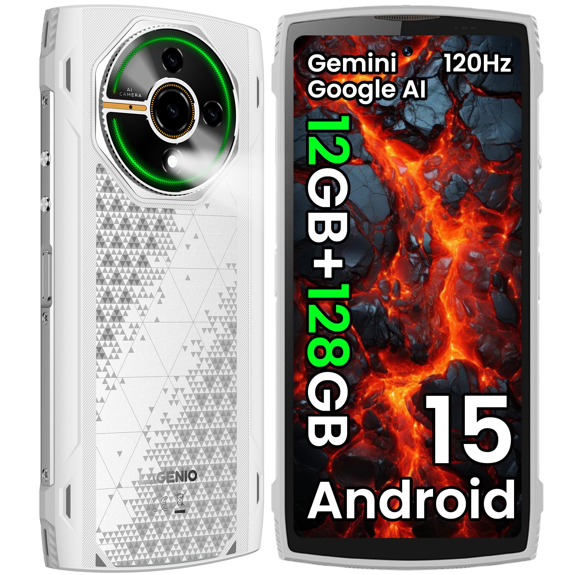 LAGENIO Panther 2 Rugged Smartphone Android 15, 12GB+128GB/1TB Espandibile, IP68/IP69K 6.7" HD+120Hz Telefono Indistruttibile, 16MP+8MP, 5150mAh, Widevine L1/Face ID/OTG/GPS/NFC/3 SIM Slots, Bianco