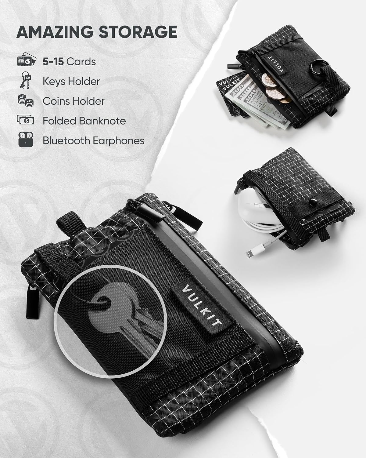 VULKIT RFID Blocking Lanyard Wallet for Men and Women, Zipper Pouch with Keychain, Nylon Neck Wallet with Key Ring for Hiking, Fishing and Outdoor Activities, Black Grid