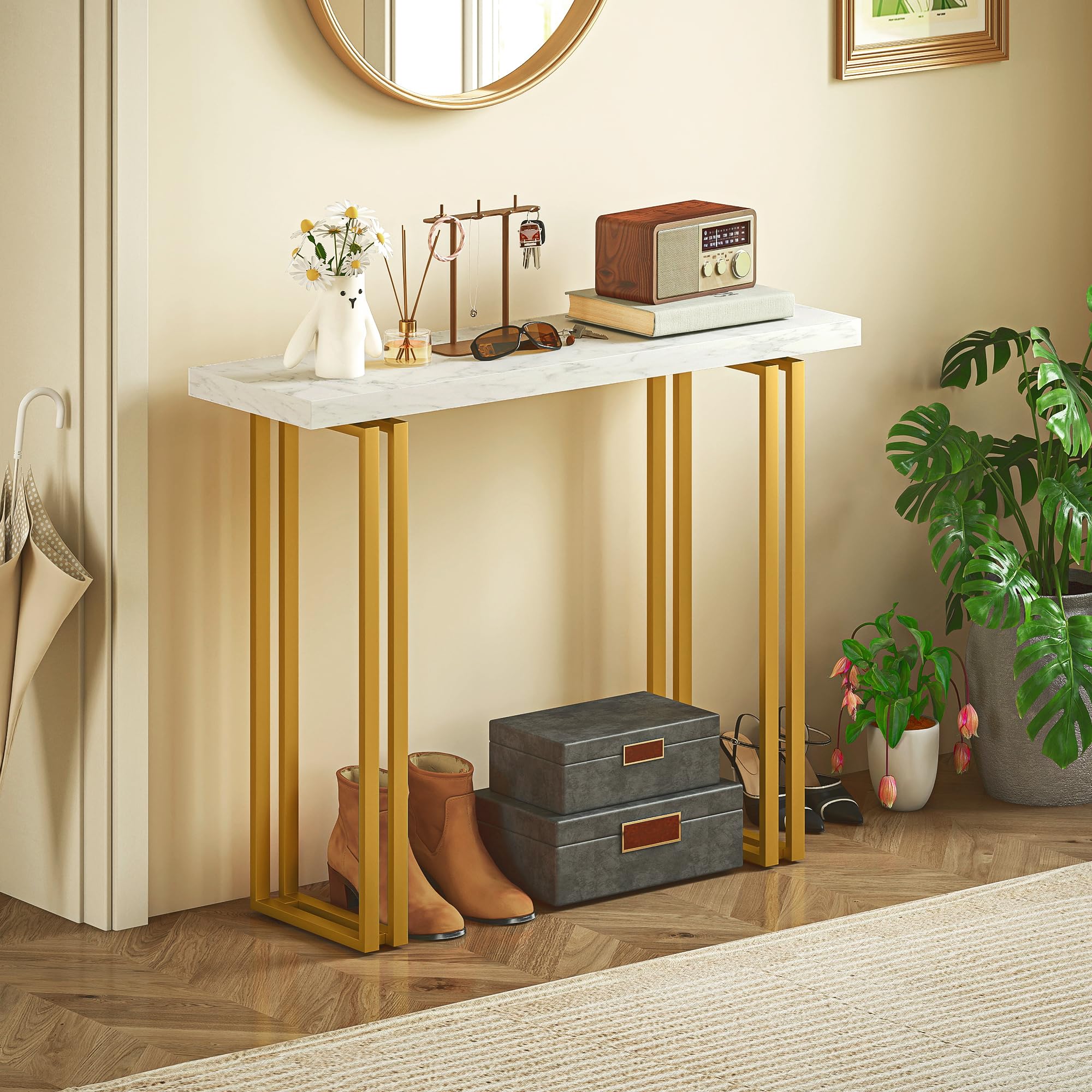 HOMCOM 100cm Tavolo console finto marmo anti-ribaltamento Bianco | Tavolo stretto ingresso, telaio acciaio, moderno tavolo divano lungo sottile, corridoio, soggiorno