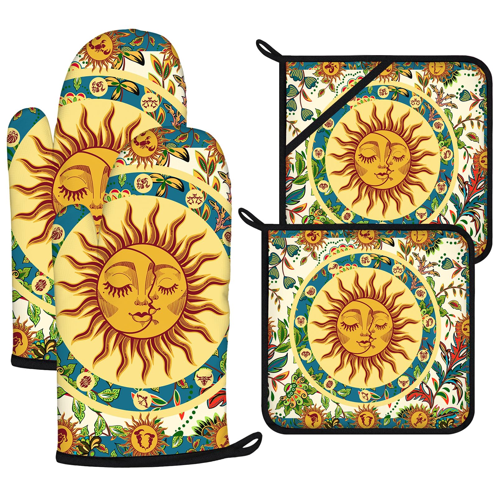 Sun and Moon Oven Mitts and Pot Holders Sets 4Pcs,Extra Long Oven Gloves Potholder for Kitchen Cooking Baking BBQ 100% Cotton Heat Resistant