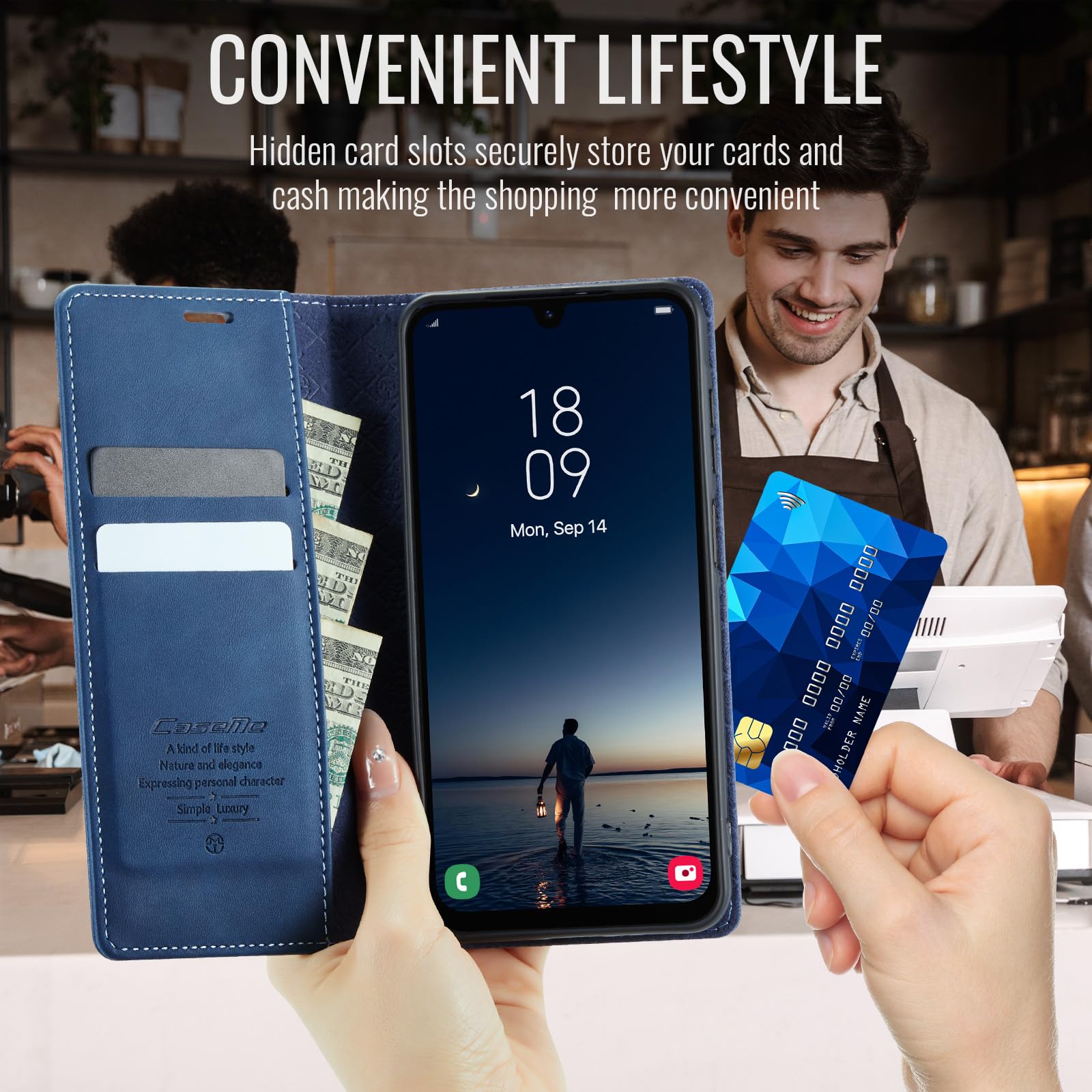 Coque Samsung Galaxy A17 Housse Antichoc en Cuir PU Premium Fentes Cartes Etui [Blocage du Signal RFID] Pochette de Portefeuille avec Fonction Support à Rabat Housse Galaxy A17 - Bleu