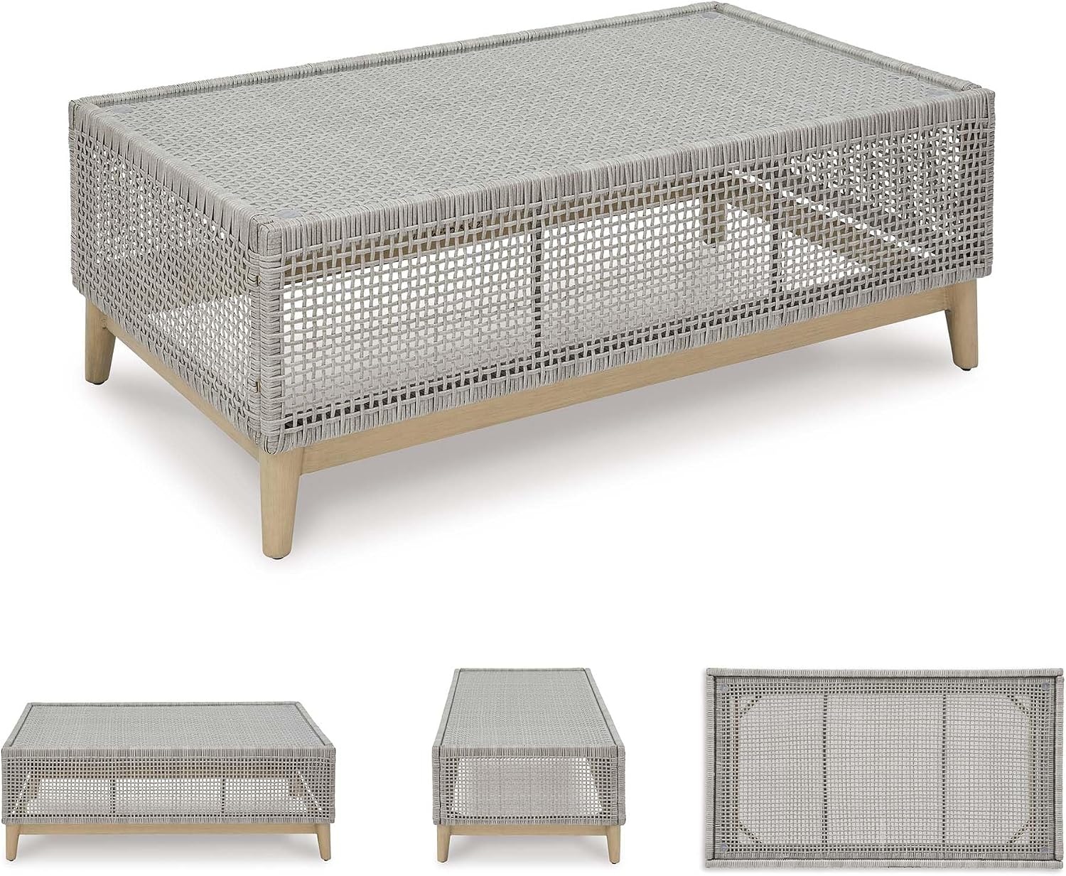 Signature Design by Ashley Outdoor Coffee Table, Rectangular Wicker, Gray | All-weather resin wicker over aluminum frame, Tempered glass tabletop with painted wood-look legs, Seton Creek